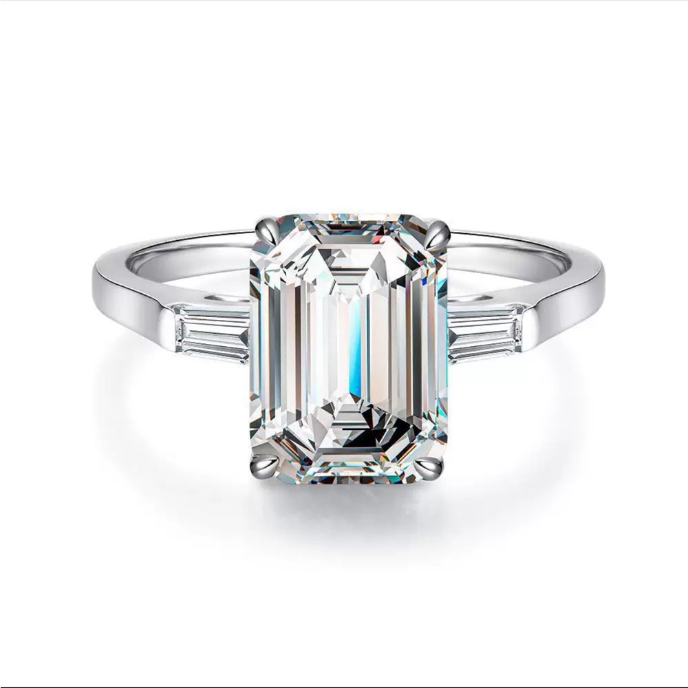 4CT‎ Emerald Cut Engagement Ring Baguette Three Stone Modern It-Girl Aesthetic